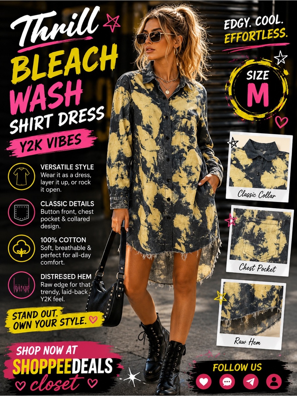 Thrill Bleach Wash Long Sleeve Shirt Dress | Medium | Distressed Raw Hem